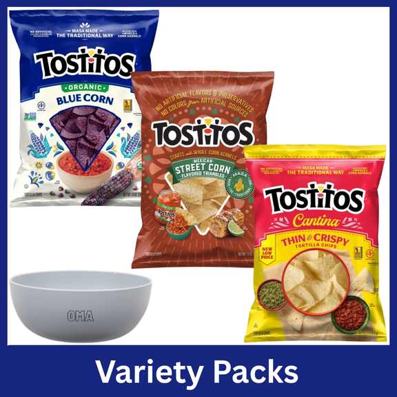 Tostitos Variety Pack Organic Blue Corn Tortilla Chips 10 oz, Cantina Thin & Crispy Tortilla Chips 8 oz, Mexican Street Corn Tortilla Chips 11 oz with Bowl by OMA