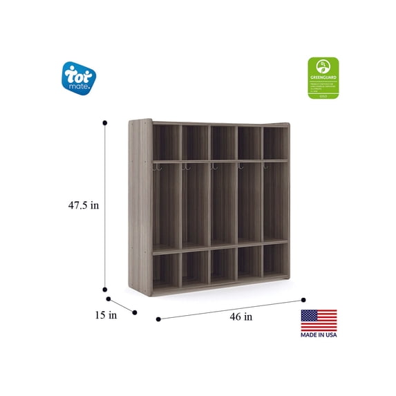 Tot Mate 5-Section Wood Floor Locker, Preschool Classroom Furniture, 46"W x 15"D x 37.5"H, Gray, RTA