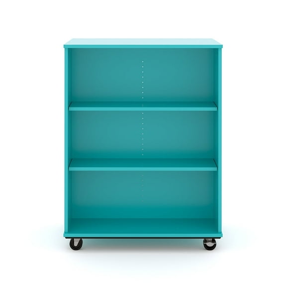 Tot Mate Open Double Sided 3 Tier Mobile Shelves Wooden Classroom Bookcase, Teal, 36"W x 23"D x 48"H