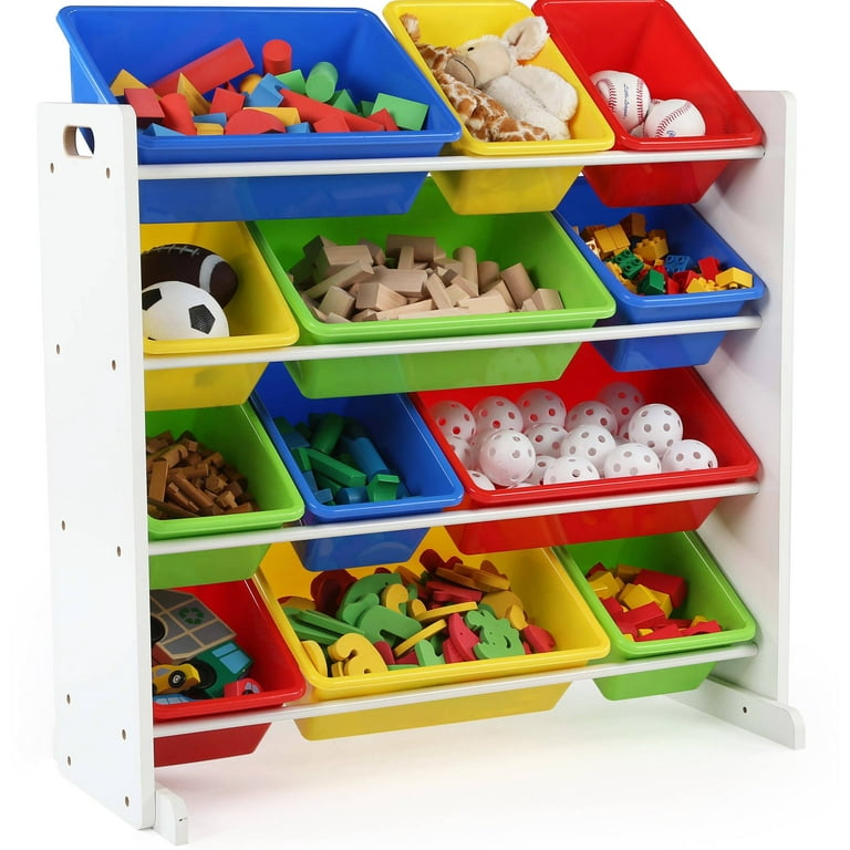 Tot Tutors Kids Toy Storage Organizer with 12 Plastic Bins, Natural/Primary  (Primary Collection)