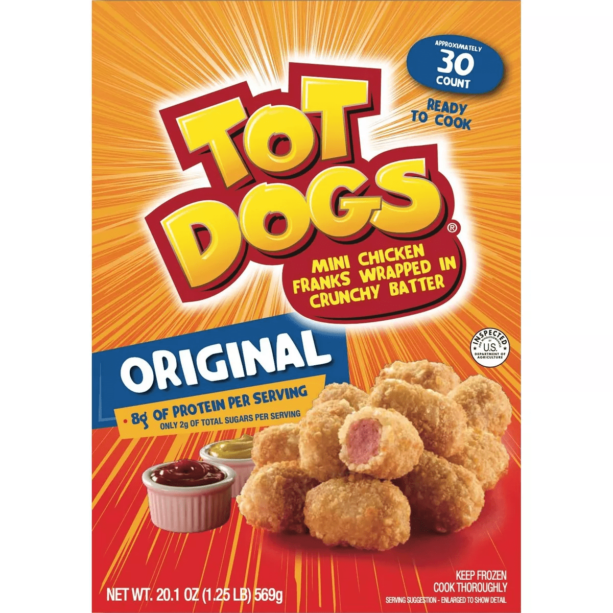 TOTDOGS Original Frozen Chicken Hotdog Fritter Bites, oz, 30