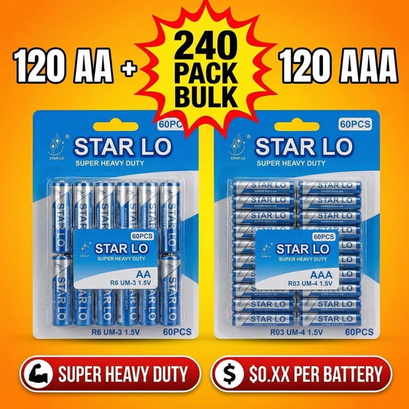Total 240 Pcs -120 AA and 120 AAABattery Super Heavy Duty 1.5V Double A & Triple A Batteries, Household Use, Electronic Devices, Premium High Performance Power, Long Lasting Combo Pack For Remotes
