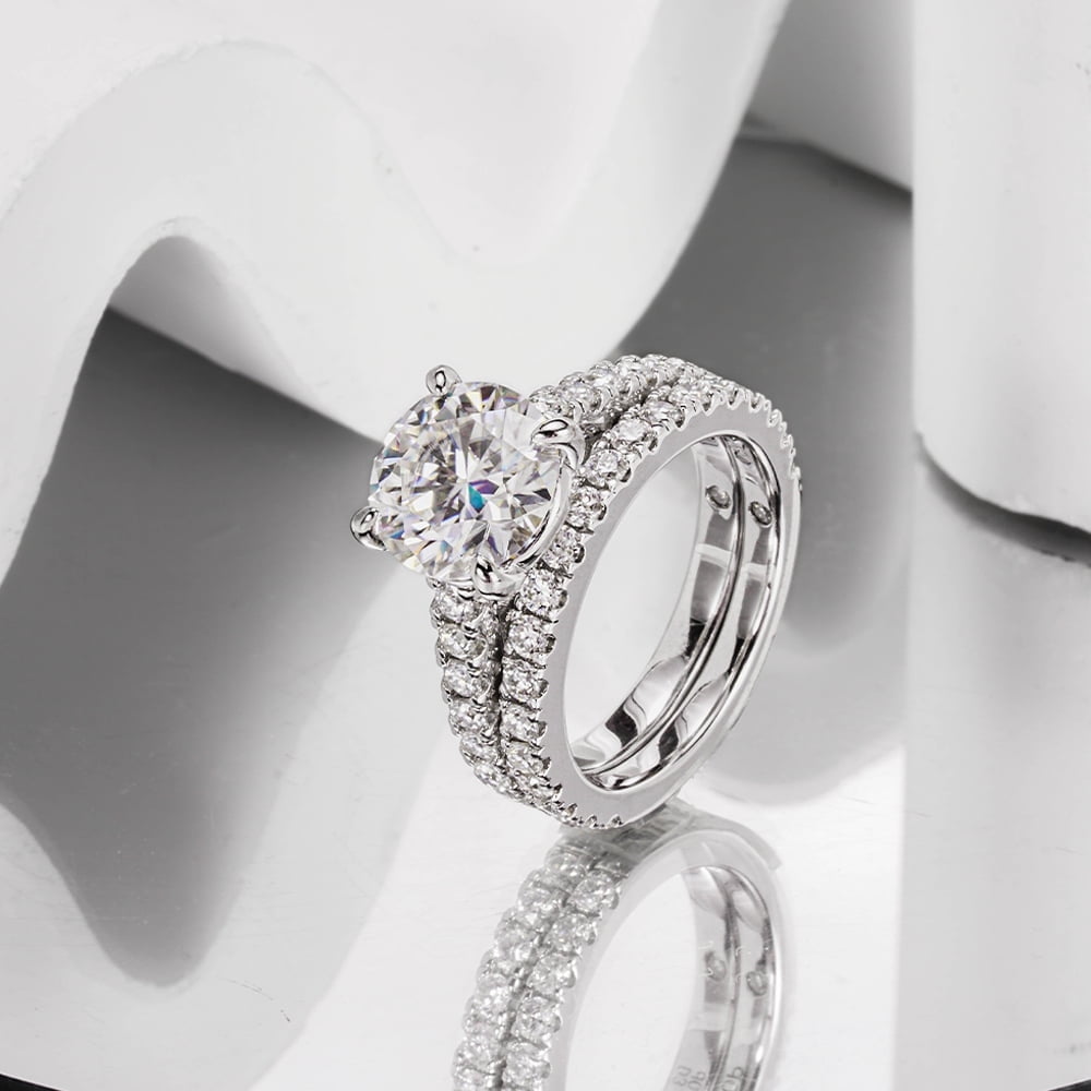 D Round Moissanite Engagement Rings, Silver Bridal Sets for