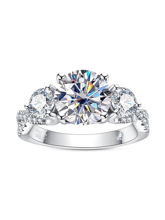 3 Stone Moissanite Engagement Ring 4ct Round Cut 14K White Gold Plated 925 Sterling Silver Wedding Anniversary Promise Ring for Women