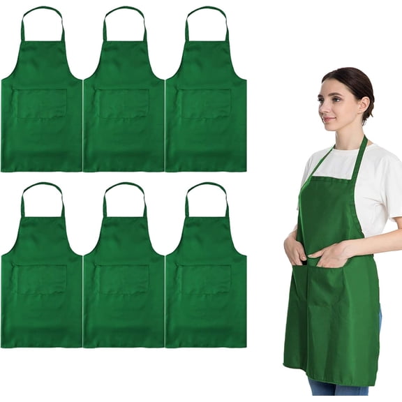 Total 6 count Green Plain Color Bib Apron for Adult Women Unisex Durable Comfortable with 2 Front Pockets Washable Aprons for Chef Cooking Baking Kitchen Restaurant Crafting
