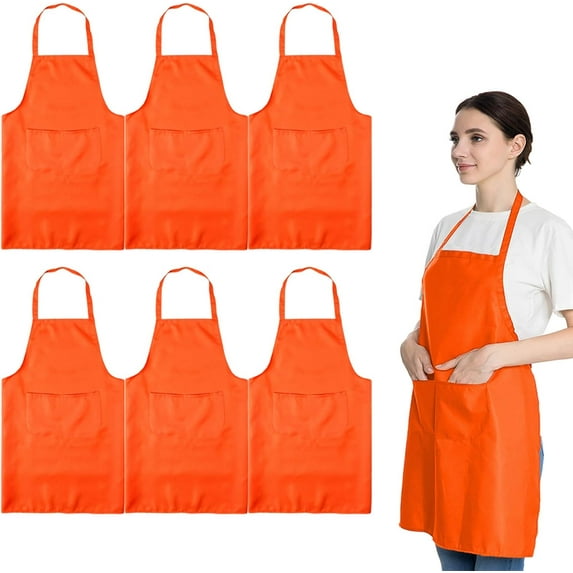 Total 6 count Plain Color Bib Apron Adult Women Unisex Durable Comfortable with 2 Front Pocket Washable Chef for Cooking Baking Kitchen Restaurant Crafting Orange