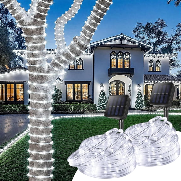 Total 66FT 200LED Solar Rope Lights Outdoor Waterproof, White Solar Powered Fairy Lights with 8 Modes, Flexible Solar String Lights for Garden, Patio, Camping, Christmas Decor-2 Pack