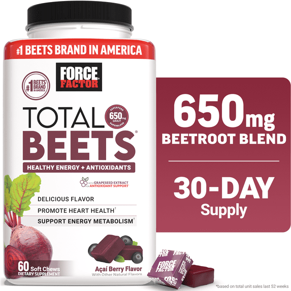 Force Factor Total Beets, Beet Root Supplement with Beetroot Powder for Heart Health, Nitric Oxide & Energy, Acai Berry, 60 Soft Chews