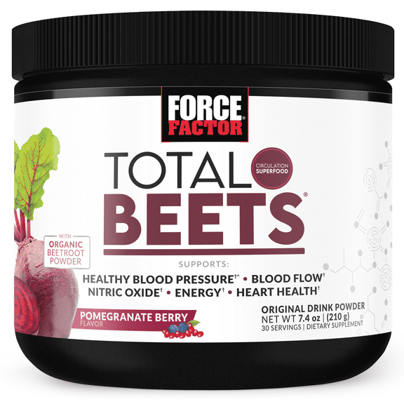 Force Factor Total Beets, Organic Beet Root Powder Beetroot Supplement for Heart Health, Blood Pressure & Nitric Oxide, Pomegranate Berry, 30 Servings