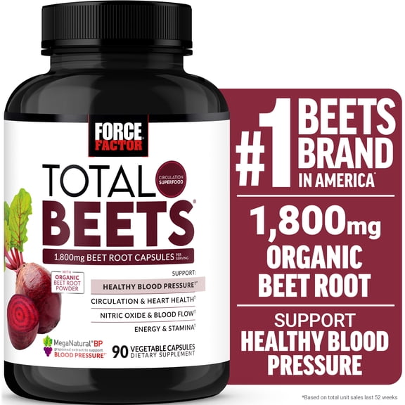 Total Beets Blood Pressure Support Beet Root Capsules, 1800mg Organic Beet Root Powder Beet Supplement to Support Circulation and Blood Flow, 90 Vegetable Capsules by Force Factor