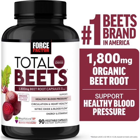 Total Beets Blood Pressure Support Beet Root Capsules, 1800mg Organic Beet Root Powder Beet Supplement to Support Circulation and Blood Flow, 90 Vegetable Capsules by Force Factor