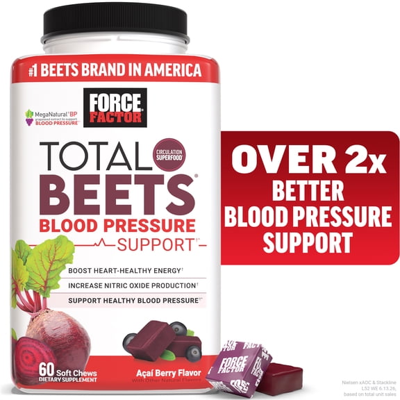 Force Factor Total Beets Blood Pressure Support, Beet Root Supplement for Nitric Oxide, Circulation, Heart Health & Energy, Acai Berry, 60 Soft Chews