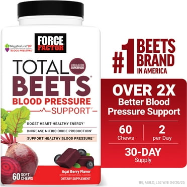 Force Factor Total Beets Blood Pressure Support, Beet Root Supplement for Nitric Oxide, Circulation, Heart Health & Energy, Acai Berry, 60 Soft Chews