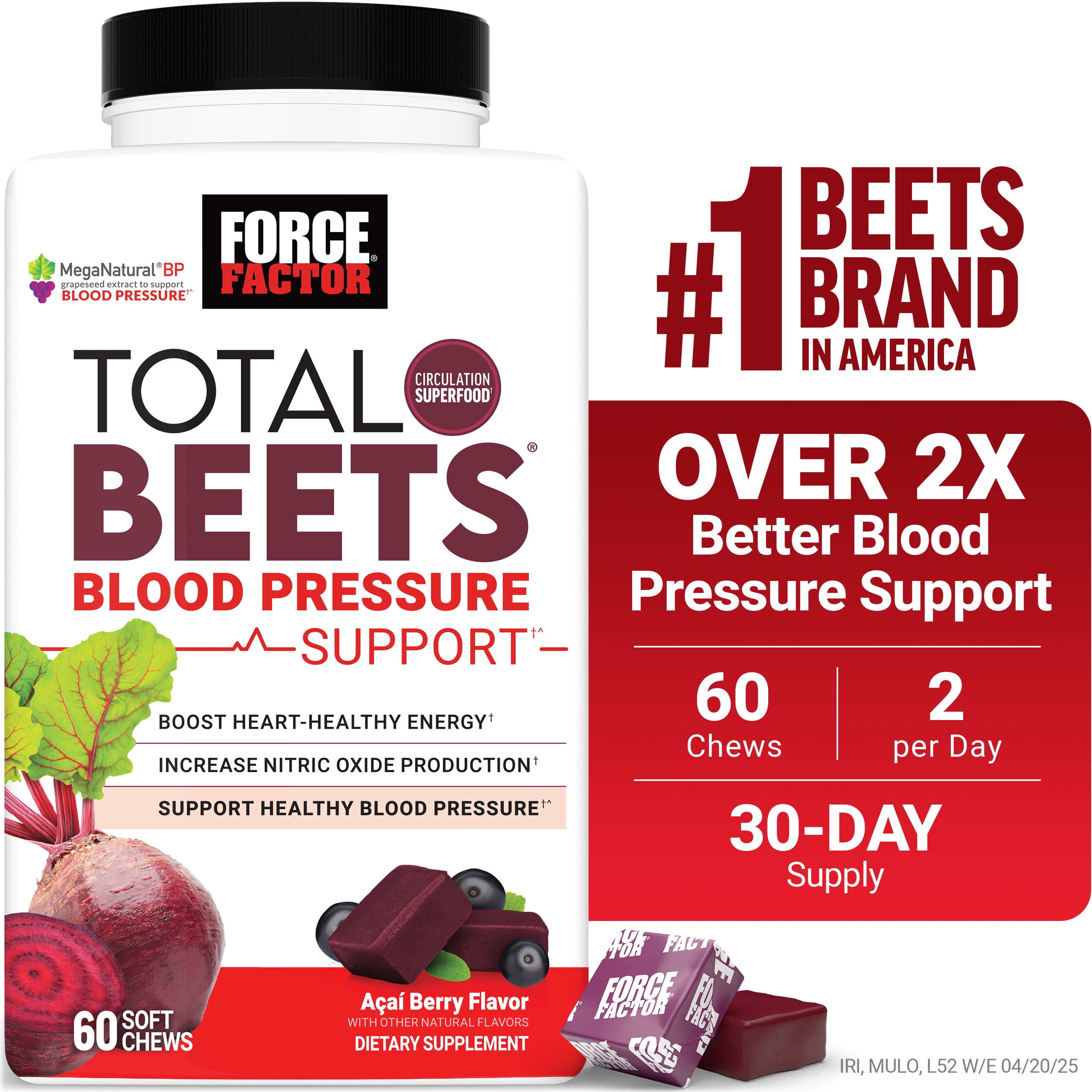 Force Factor Total Beets Blood Pressure Support, Beetroot Chewys with MegaNatural-BP, 60 Chews