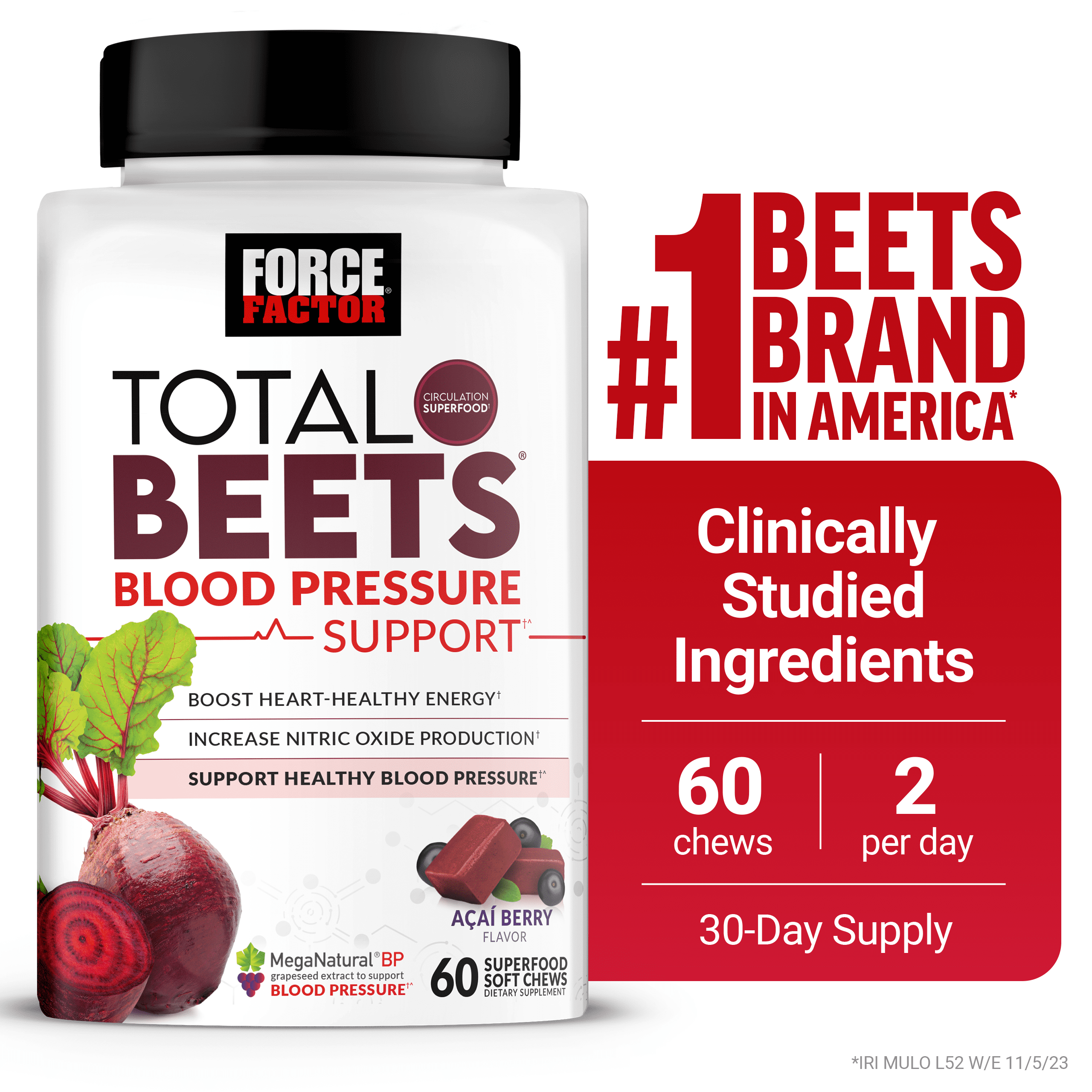 Total Beets Blood Pressure Support Soft Chews Beetroot Gummies Alternative Beet Supplement 60 Chews by Force Factor