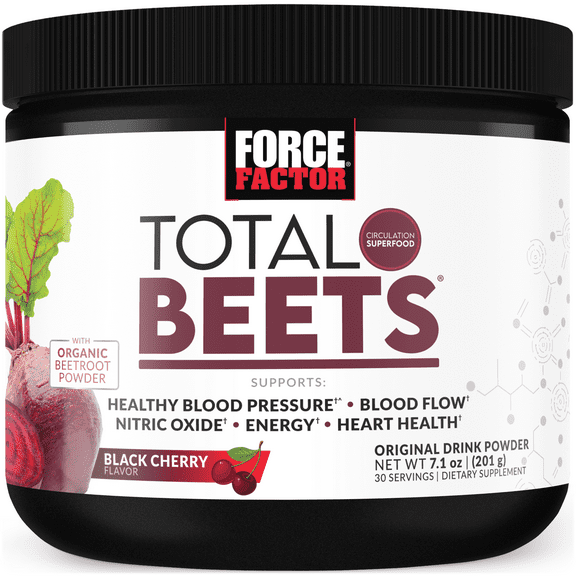Force Factor Total Beets, Organic Beet Root Powder Beetroot Supplement for Heart Health, Blood Pressure & Nitric Oxide, Black Cherry, 30 Servings