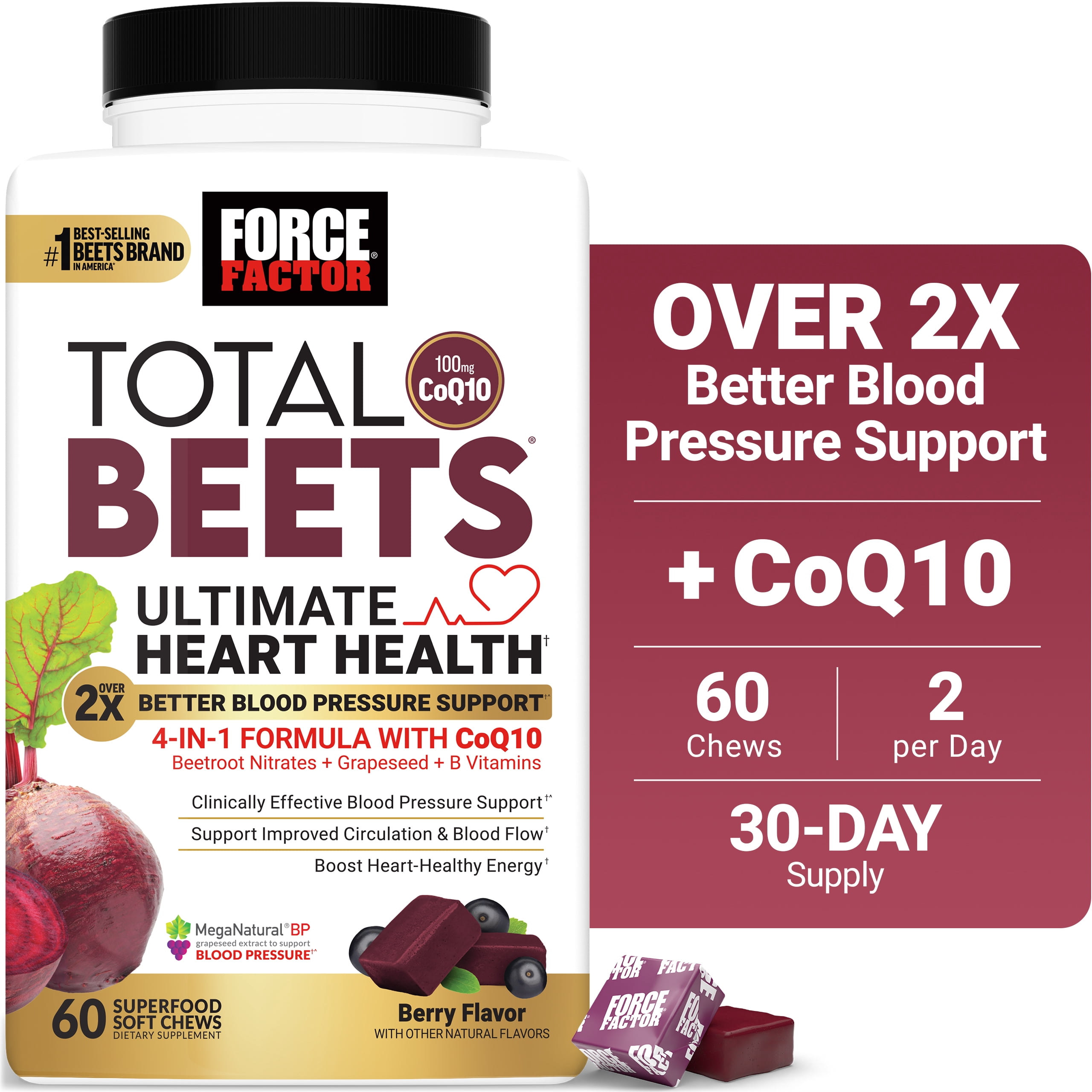 Force Factor Total Beets Ultimate Heart Health, Blood Pressure Support with CoQ10 & Beet Root for Nitric Oxide & Energy, Berry, 60 Soft Chews