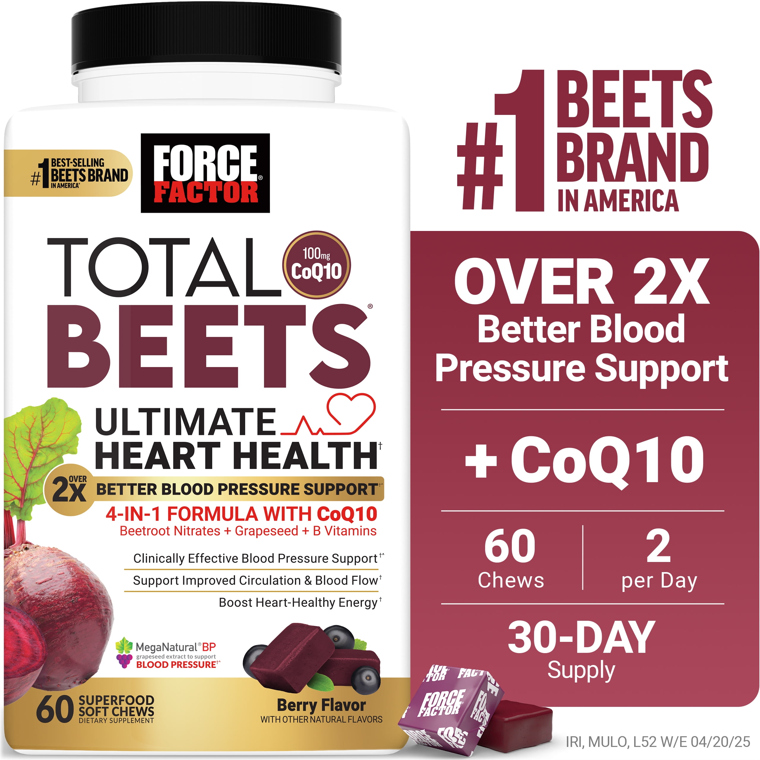 Force Factor Total Beets Ultimate Heart Health, Blood Pressure Support with CoQ10 & Beet Root for Nitric Oxide & Energy, Berry, 60 Soft Chews