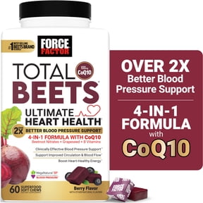 Force Factor Total Beets Ultimate Heart Health, Blood Pressure Support with CoQ10 & Beet Root for Nitric Oxide & Energy, Berry, 60 Soft Chews