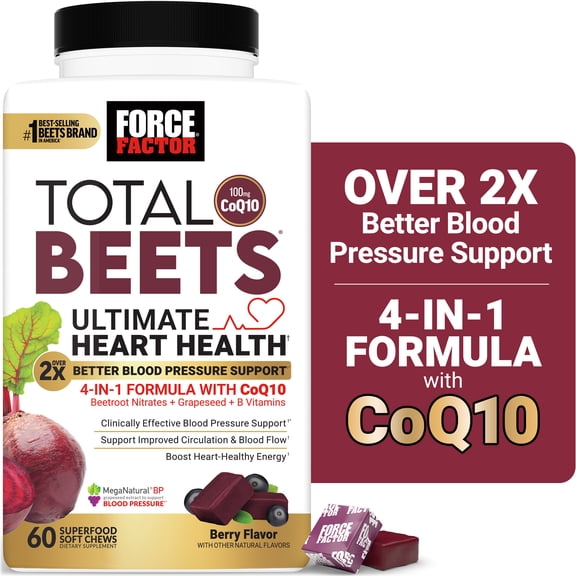 Force Factor Total Beets Ultimate Heart Health, Blood Pressure Support with CoQ10 & Beet Root for Nitric Oxide & Energy, Berry, 60 Soft Chews