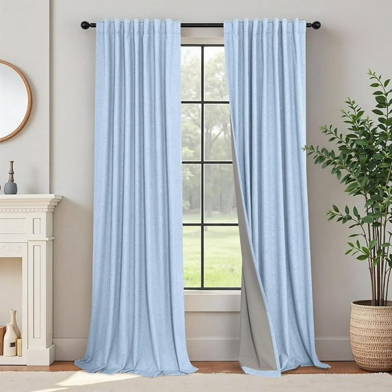 Total Blackout Baby Blue Linen Curtains 108 Inches Long 2 Panel Set Light Blue Pale Sky Colored Floor to Ceiling Thermal Spring Summer Curtain for Living Room Bedroom Patio Sliding Door Drape Back Tab