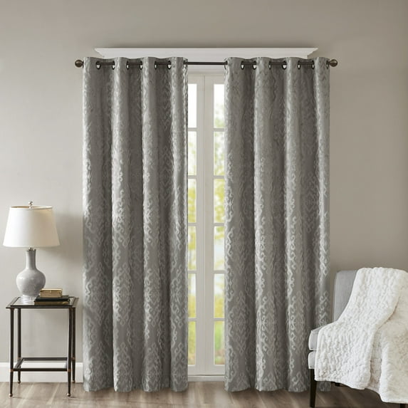 Total Blackout Curtain for Bedroom Living Room, Knitted Jacquard Damask Window Curtain Panel with Gunmetal Grommet, Fits Up to a 1.25'' Diameter Rod, 84.00''x50.00''x0.13'', Charcoal