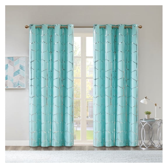 Total Blackout Metallic Print Grommet Top Curtain Panel(Only 1 Pc Panel) Aqua+Silver + Microfiber