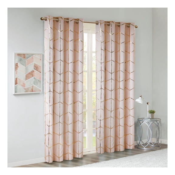 Total Blackout Metallic Print Grommet Top Curtain Panel(Only 1 Pc Panel) Blush+Gold + Microfiber