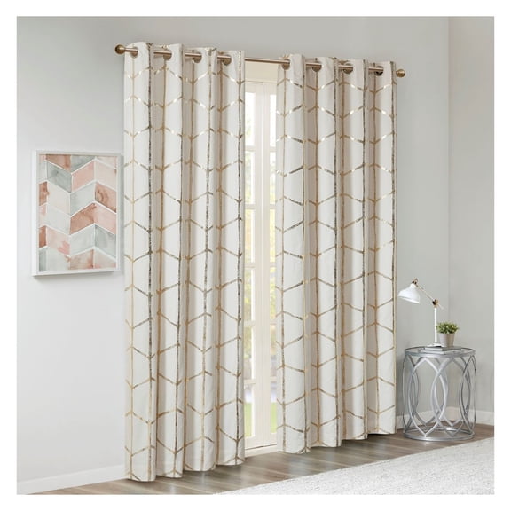 Total Blackout Metallic Print Grommet Top Curtain Panel(Only 1 Pc Panel) Ivory+Gold + Microfiber