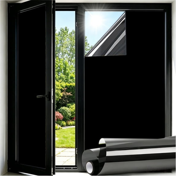 Total Blackout Window Privacy Film Day and Night 100% Light Blocking Static Cling Room Darkening Window Tint Black Door Stickers for Home Office, No Glue Anti-UV, 20 inch×16.4ft
