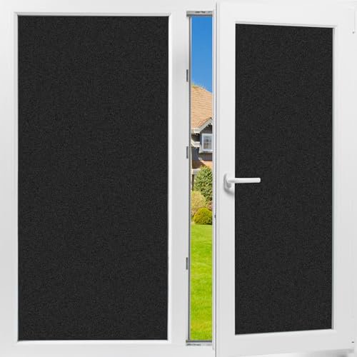 Total Blackout Window Privacy Film Day and Night 100% Light Blocking Static Cling Room Darkening Window Tint Black Door Stickers for Home Office,No Glue Anti-UV (Frosted-Black,17.5 Inch x 7.8 Feet)