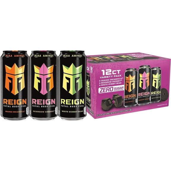 Total Body Fuel Variety Pack, Reign Orange Dreamsicle, Reign Reignbow Sherbet, Reign White Gummy Bear, Fitness & Performance Drink, 16 Fl Oz (Pack of 12)