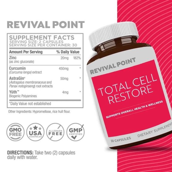 Total Cell Restor Healthy Aging Supplement Revival Point 60 Count - Energy and Cellular Support