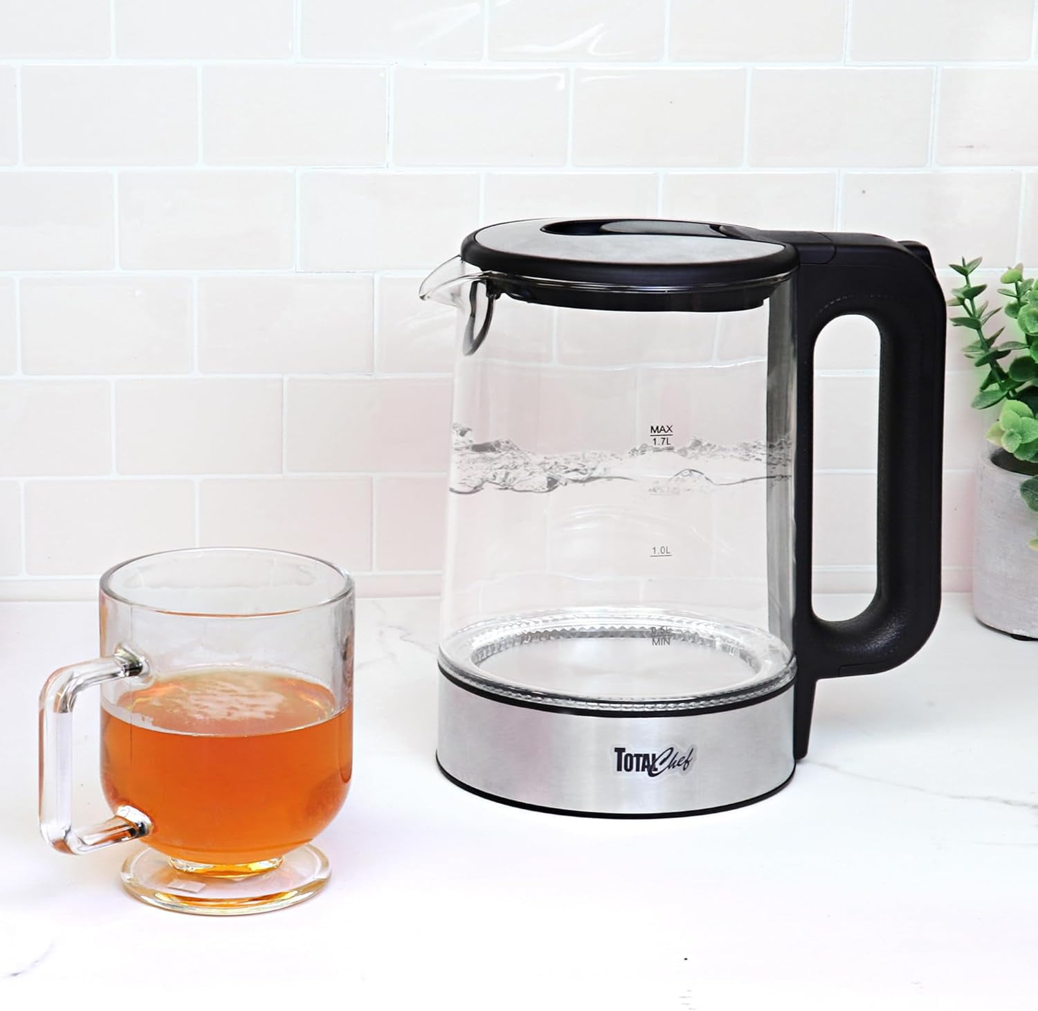 Total Chef Electric Glass Kettle 1.7L – Fast Boil, BPA-Free Borosilicate Glass, LED Light, Auto Shut-Off, Boil-Dry Protection, Cordless Water Boiler for Tea & Coffee, Kitchen Appliance