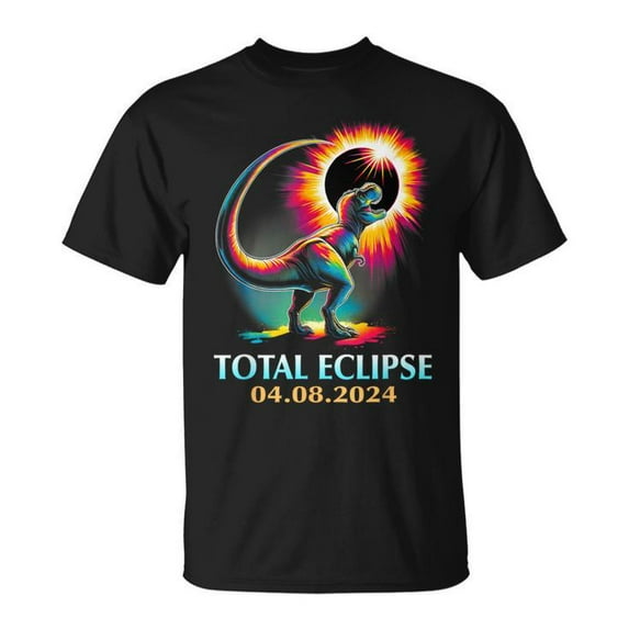 Total Eclipse 2024 Graphic Tee – Total Solar Eclipse T-Rex Dinosaur Cotton T-Shirt for Adults, Funny Astronomy Event Souvenir, Size M, Color Black