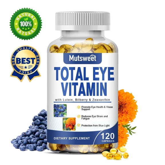 Total Eye Vitamin Capsules with Lutein, Bilberry & Zeaxanthin, Eye Health & Vision Support Supplement, Lutein Eye Strain Support Vitamin Supplement, 120 Capsules