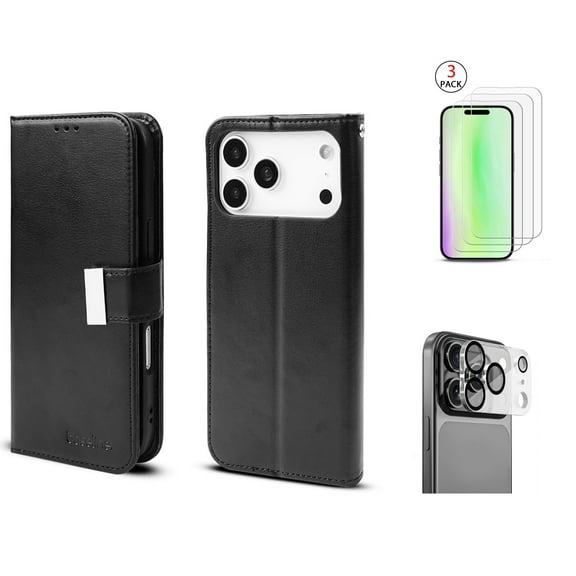 Total Protection Bundle compatiable with iPhone 17 Pro– Wallet Folio Case + Lens Protector + 3-Pack Temper Glass Screen Shields
