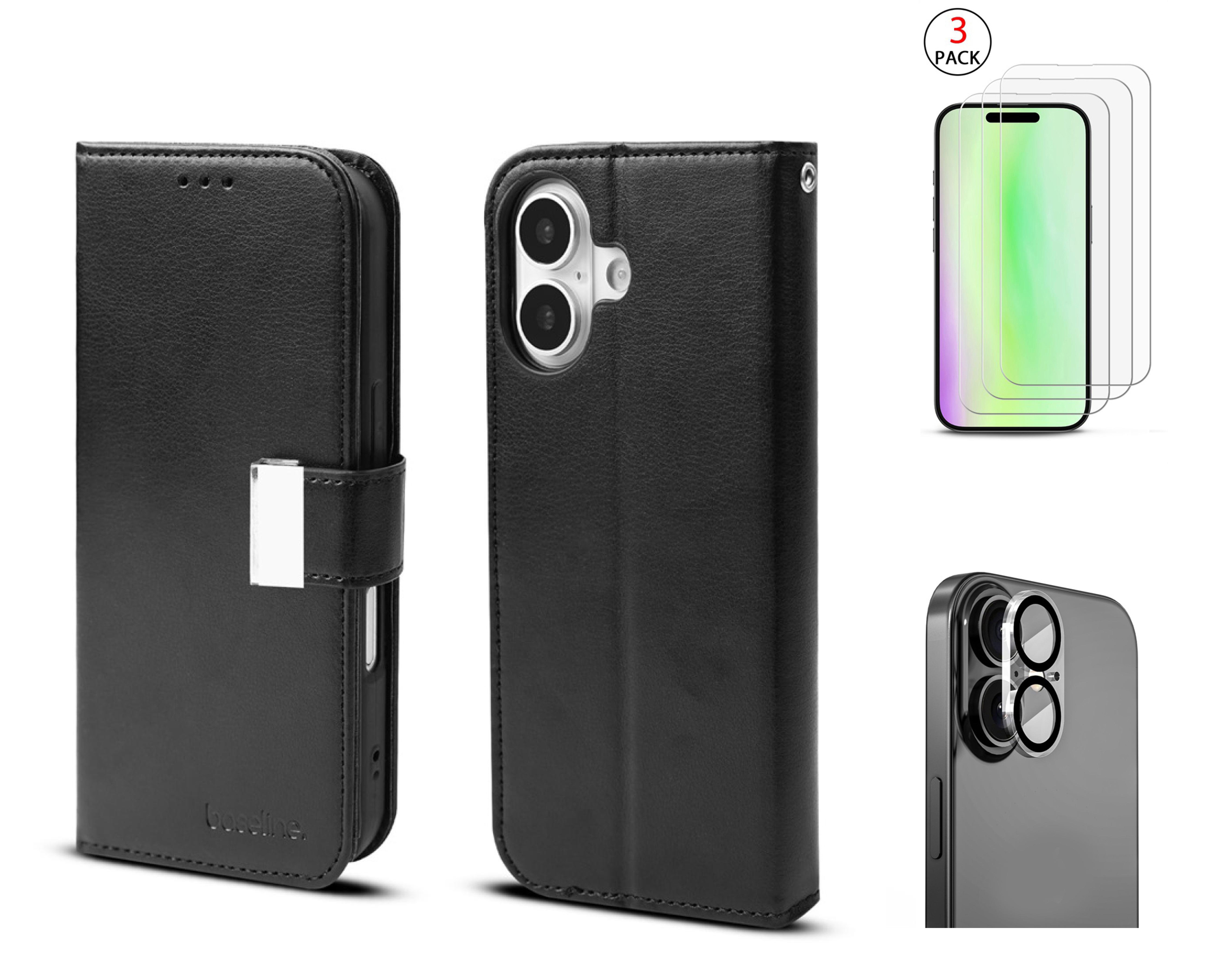 Total Protection Bundle compatiable with iPhone 17 – Wallet Folio Case + Lens Protector + 3-Pack Temper Glass Screen Shields