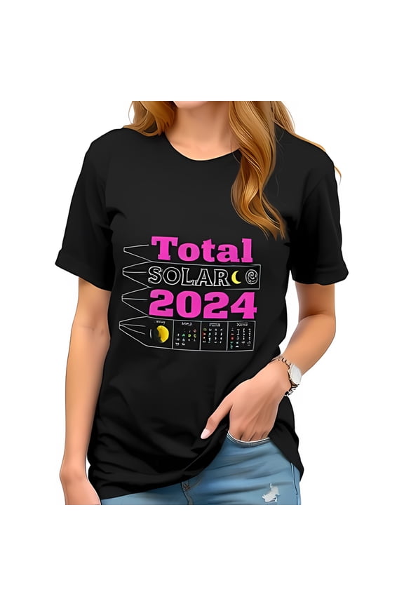 Total Solar 2024 Cotton Short Sleeve T-Shirt with Whimsical Sun and Moon Design Hot Pink & Yellow Accents