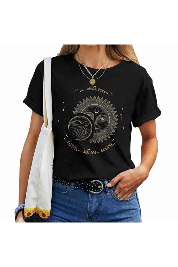 Total Solar Eclipse 2024 April 8 Sunflower Moon World Graphic Tee Unisex Adult Cotton Astronomy Event Gift for Women Casual Nature Space Lover T-Shirt, Size S, Color Black