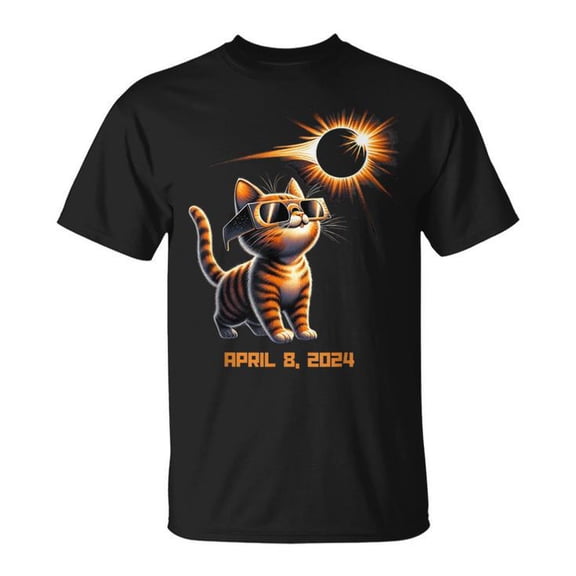 Total Solar Eclipse 2024 Cat Light Black Design Unisex Adult Cotton T-Shirt Casual Wear Cute Graphic Comfortable Tee, Size 2XL, Color Black
