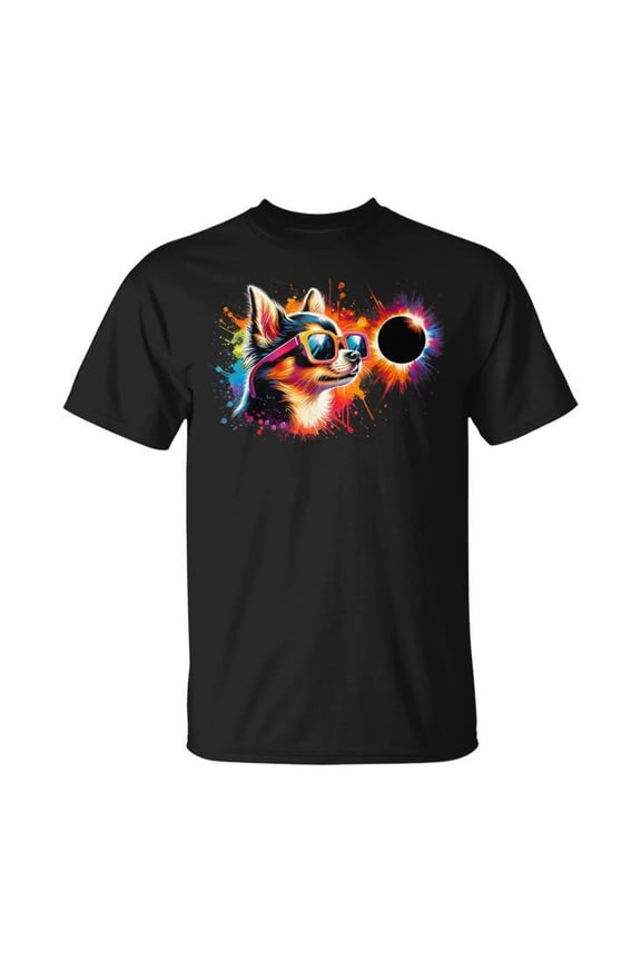Total Solar Eclipse 2024 Chihuahua Dog Design Unisex Adult Cotton T-Shirt Casual Wear Cute Eclipse Theme Tee, Size S, Color Black