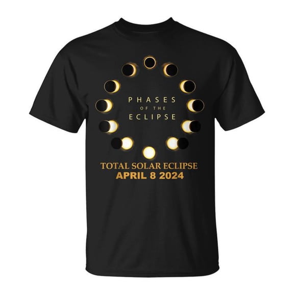 Total Solar Eclipse 2024 Phases April 8th Cotton Tee Unisex Adult T-Shirt for Casual Wear, Soft Breathable Fabric, Size S, Color Black