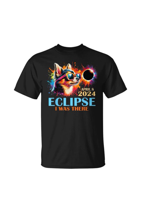 Total Solar Eclipse 2024 Tee Chihuahua Dog I Was There Unisex Adult Cotton Funny Astronomy Event Souvenir Graphic Shirt, Size S, Color Black