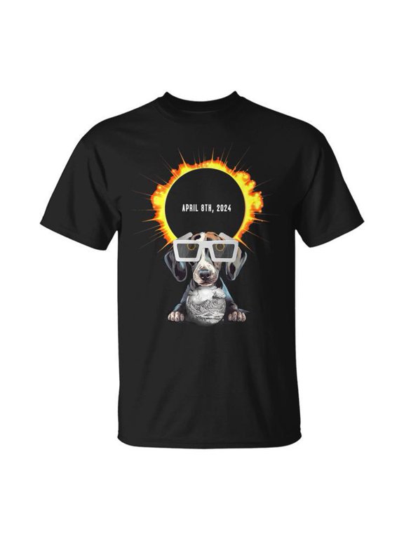 Total Solar Eclipse 2024 Tee Dog Wearing Eclipse Glasses Unisex Adult Cotton Funny Astronomy Event Graphic Souvenir Shirt, Size M, Color Black