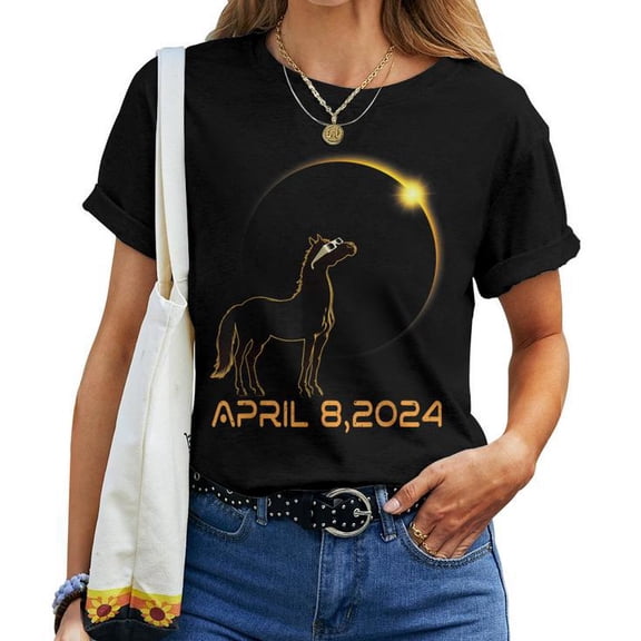 Total Solar Eclipse 2024 Tee Horse Wearing Eclipse Glasses Unisex Adult Cotton Funny Astronomy Event Graphic Souvenir Shirt, Size M, Color Black