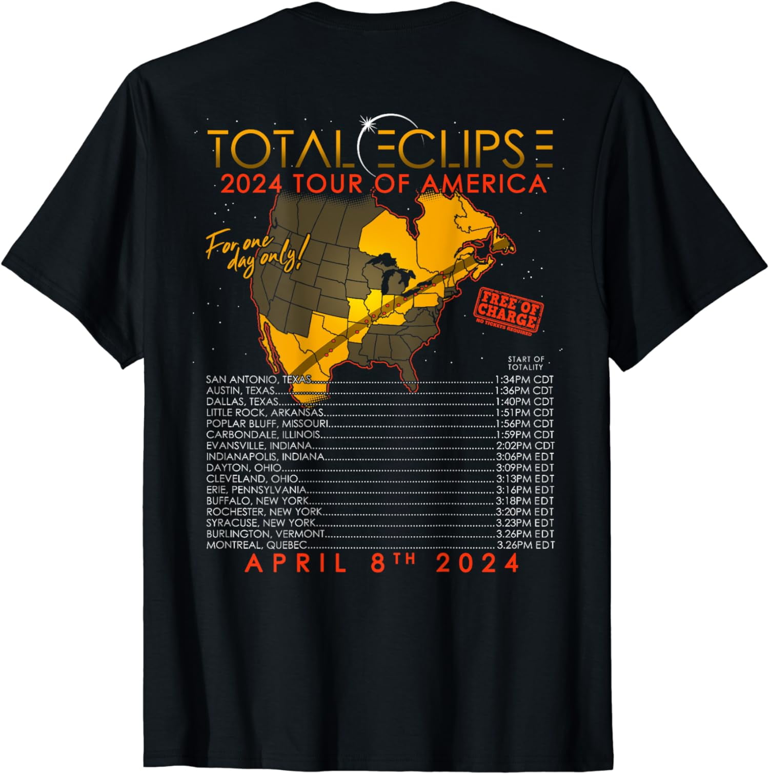 Total Solar Eclipse 2024 Tour of America 04.08.24 T-Shirt - Walmart.com