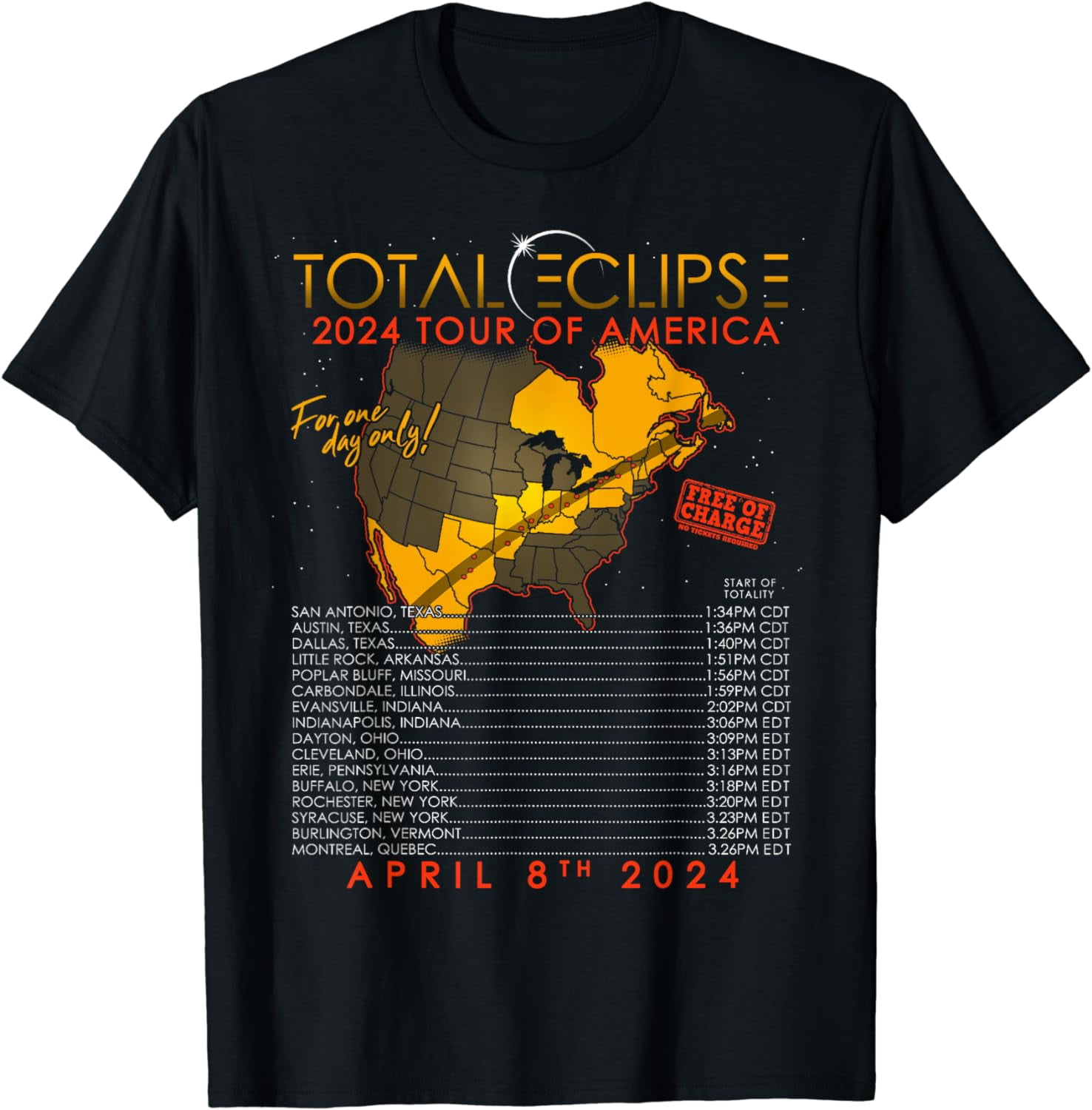 Total Solar Eclipse April 8th 2024 Tour of America TShirt