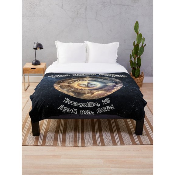 Total Solar Eclipse Evansville April 8 2024 Fleece Blanket, Black and Gold, Polyester Fleece Fabric, 280 GSM