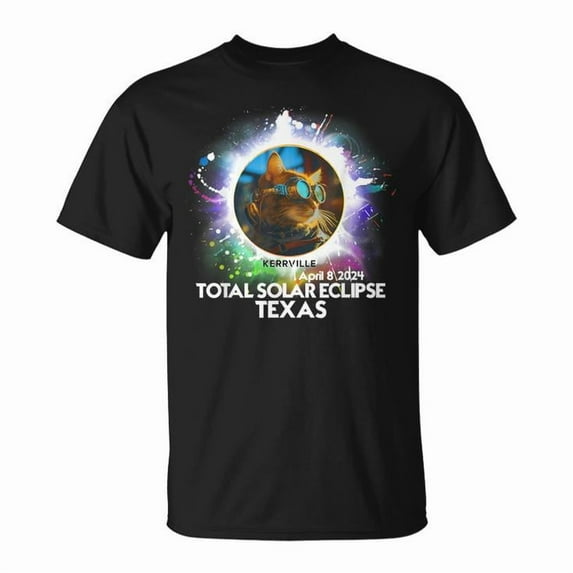 Total Solar Eclipse Kerrville Texas 2024 Tee – Unisex Adult Cotton T-Shirt Featuring Cat Totality Graphic for Casual or Commemorative Wear, Size L, Color Black